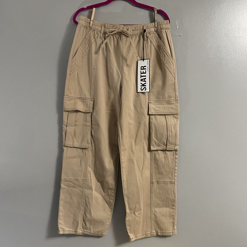 Women’s Almost Famous Tan Pants XL Cargo Cotton Summer Baggy Wide Leg